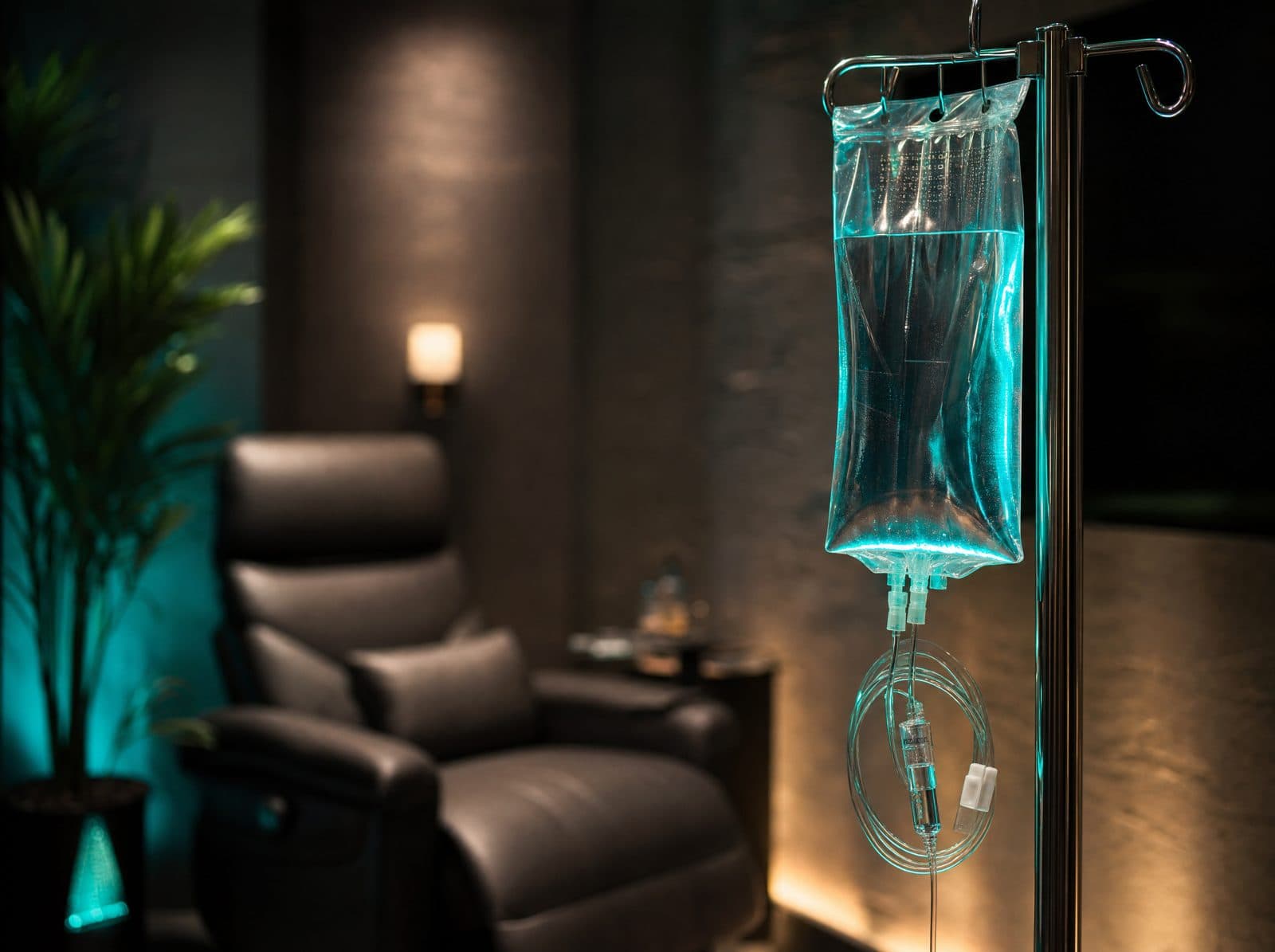 Teal-lit vitamin IV drip bag beside a leather recliner in the lounge